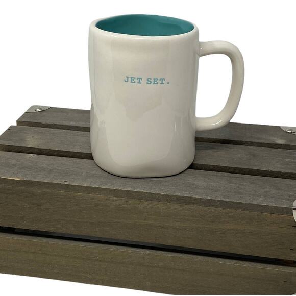 Rae Dunn JET SET Typewriter Lettering White Teal Kitchen Farmhouse Ceramic Mug - Picture 2 of 7